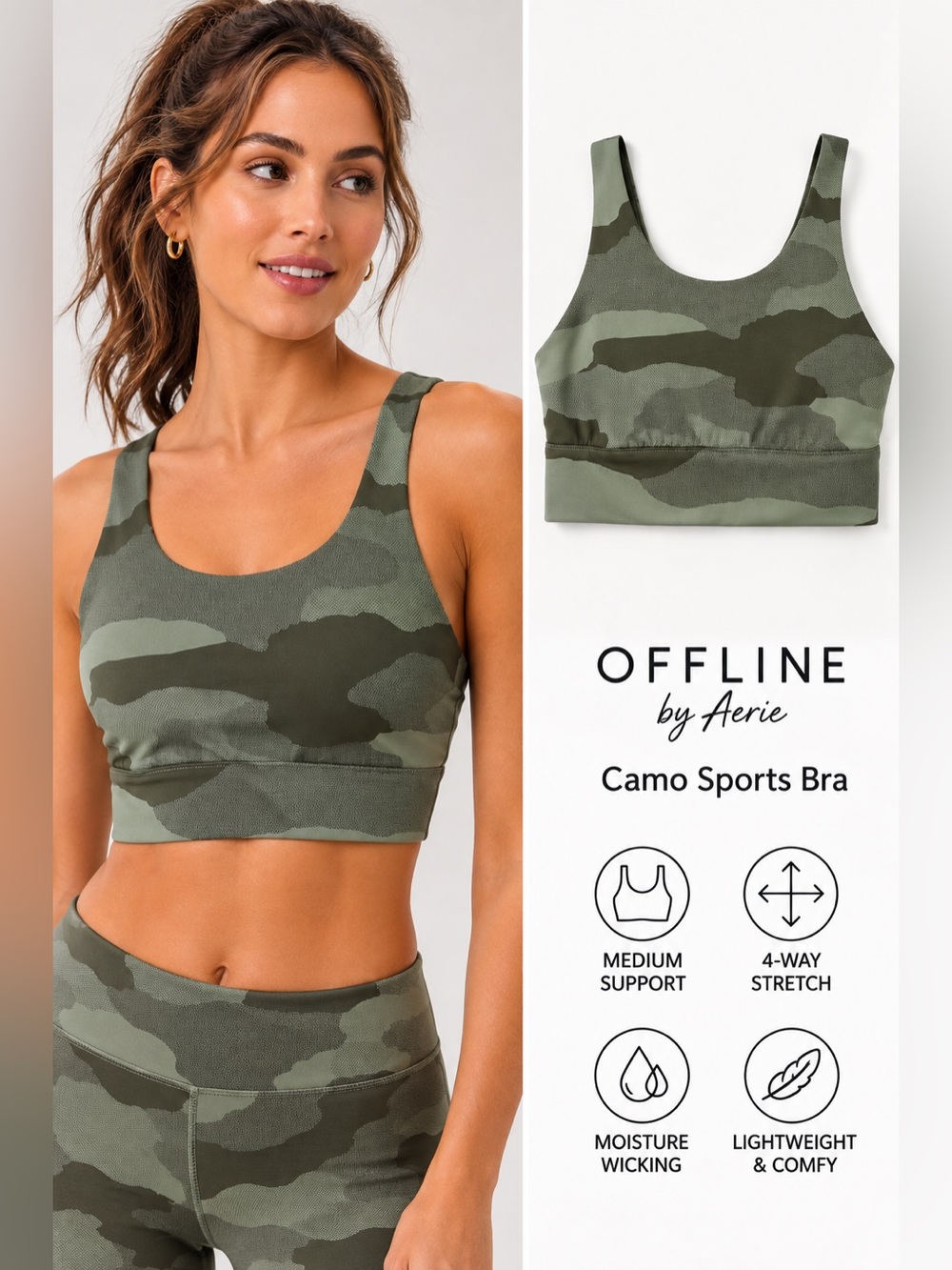 OFFLINE by Aerie Camo Medium Support Sports Bra Olive Green Size M